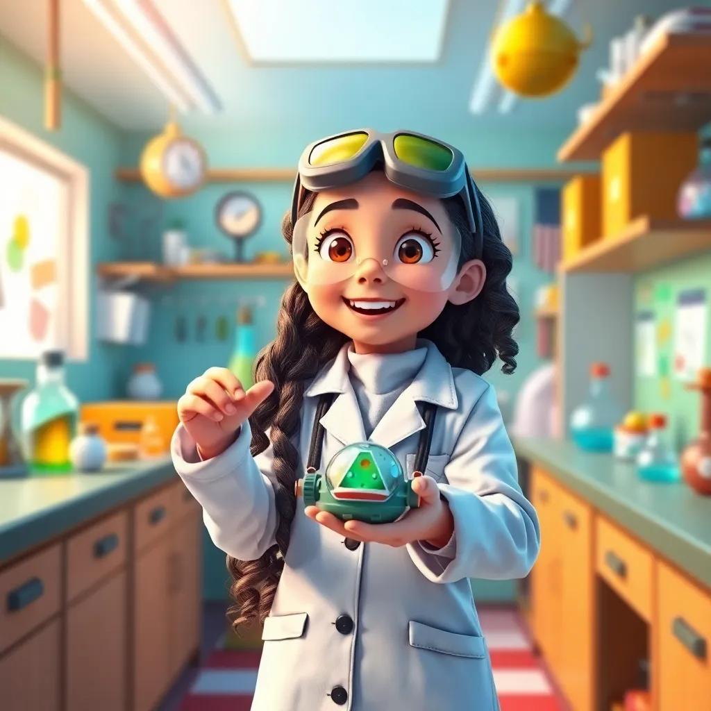 A young girl, Leila, with long curly hair, wearing a lab coat and goggles, excitedly showing her invention in a bright lab filled with scientific tools, cheerful atmosphere, digital art, vibrant colors, high quality