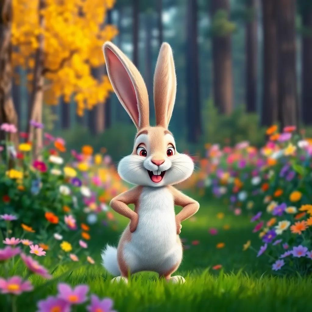A proud rabbit, with fluffy white fur and a confident stance, boasting in a beautiful forest filled with colorful flowers and tall trees, digital art, bright colors, cheerful atmosphere, high quality