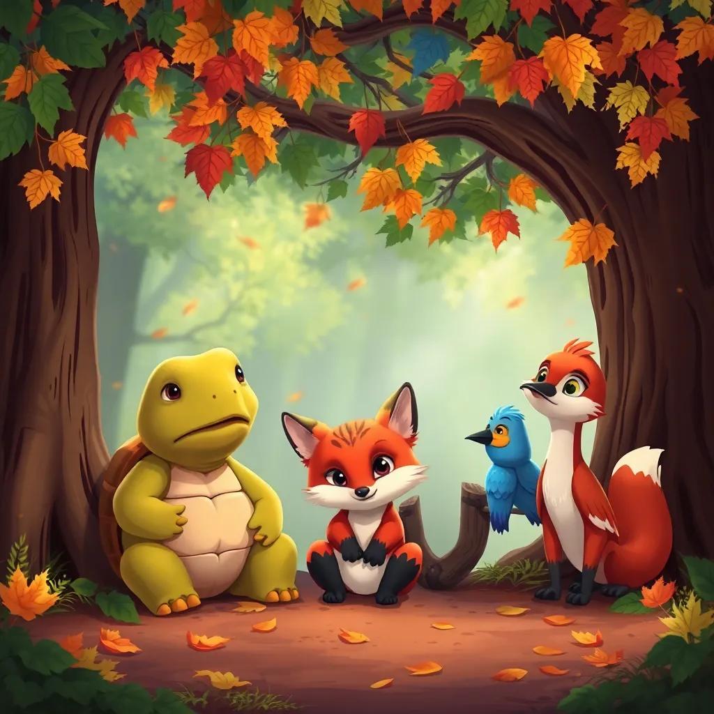 A group of forest friends looking bored, a turtle, a fox, and a bird, sitting under a tree, colorful leaves falling around them, illustration, vibrant, cozy scene, child-friendly