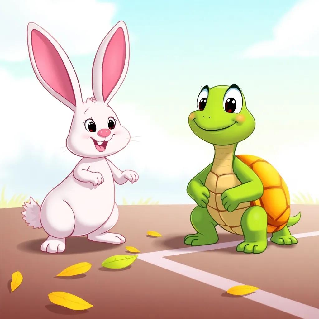 A turtle, with a kind face, confidently challenging the rabbit to a race, standing next to a starting line marked with leaves, bright sky background, illustration, cheerful, inviting imagery, high quality