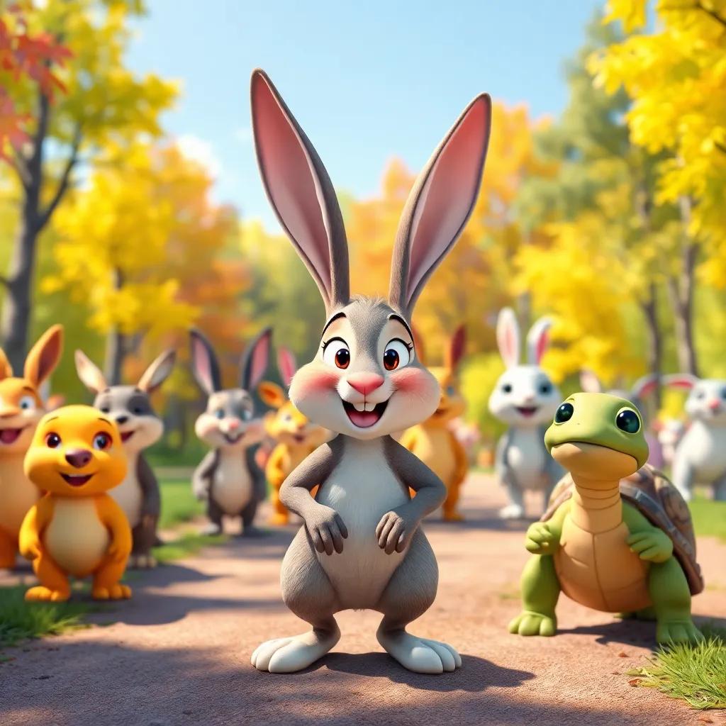 A sunny day in the forest, animals lined up for a race, a proud rabbit at the front, a turtle beside it, excited expressions, colorful trees in the background, digital art, lively scene, optimistic atmosphere