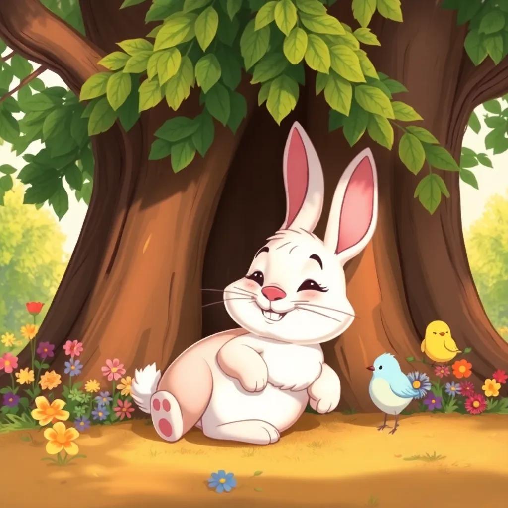 A proud rabbit resting under a big tree, with a smug smile, colorful flowers around, sleepy birds chirping nearby, illustration, warm colors, peaceful and charming view, high quality