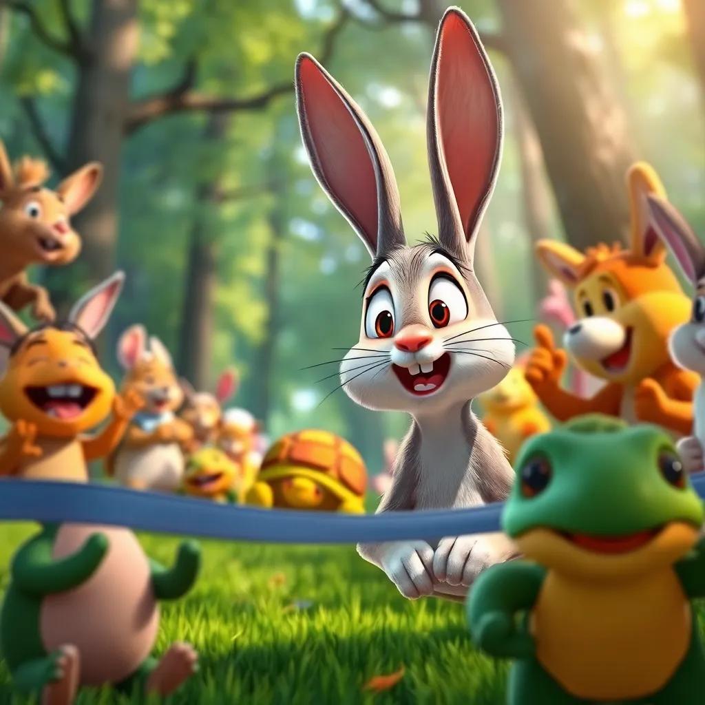 A rabbit waking up startled as he sees the turtle near the finish line, his eyes wide in surprise, surrounded by cheering animal friends, bright forest background, vibrant colors, engaging scene, high quality