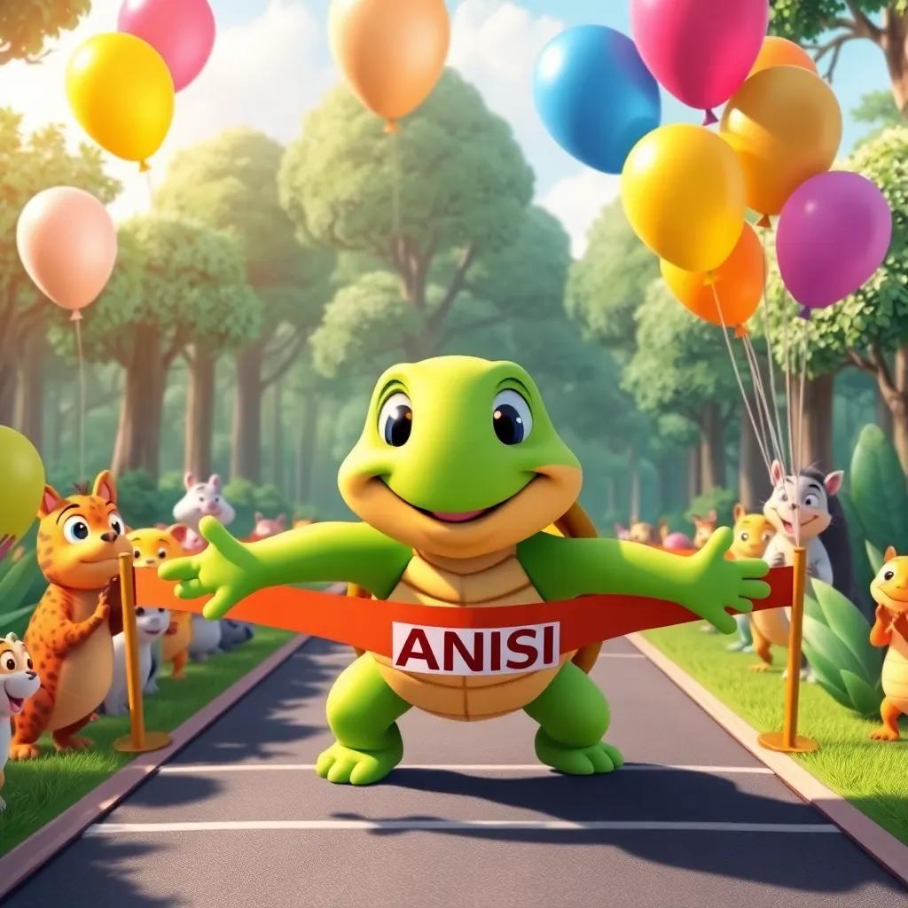A happy turtle crossing the finish line, all animals cheering, with a giant smile on its face, colorful balloons floating in the air, an animated forest around, illustration, joyful atmosphere, child-friendly