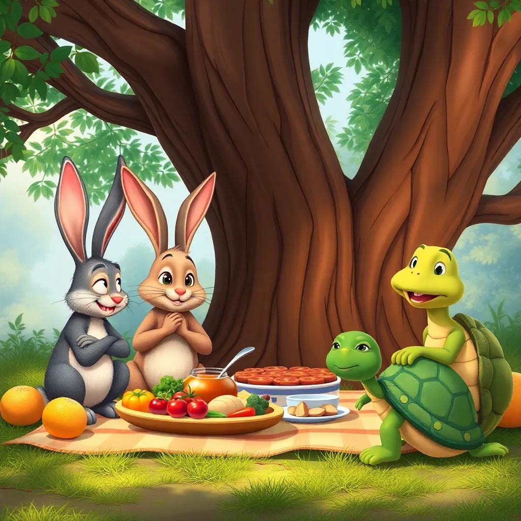 A proud rabbit apologizing to his friends and the turtle, all seated together under a big tree with a picnic setup, colorful food and joyful expressions, digital art, warm colors, inviting atmosphere, high quality