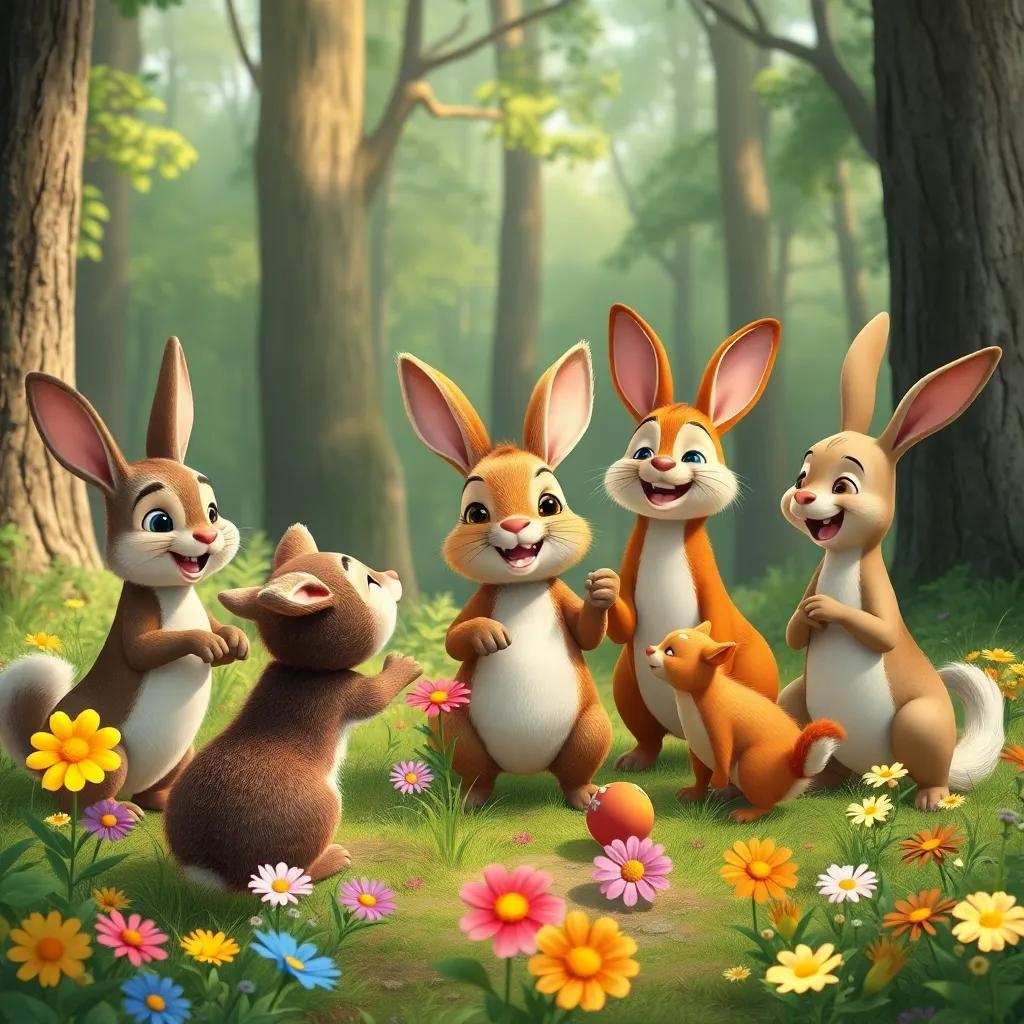 A group of animal friends playing together happily in the forest, the rabbit now encouraging others, colorful flowers all around, creating a sense of unity and joy, illustration, heartwarming, vibrant scene, high quality