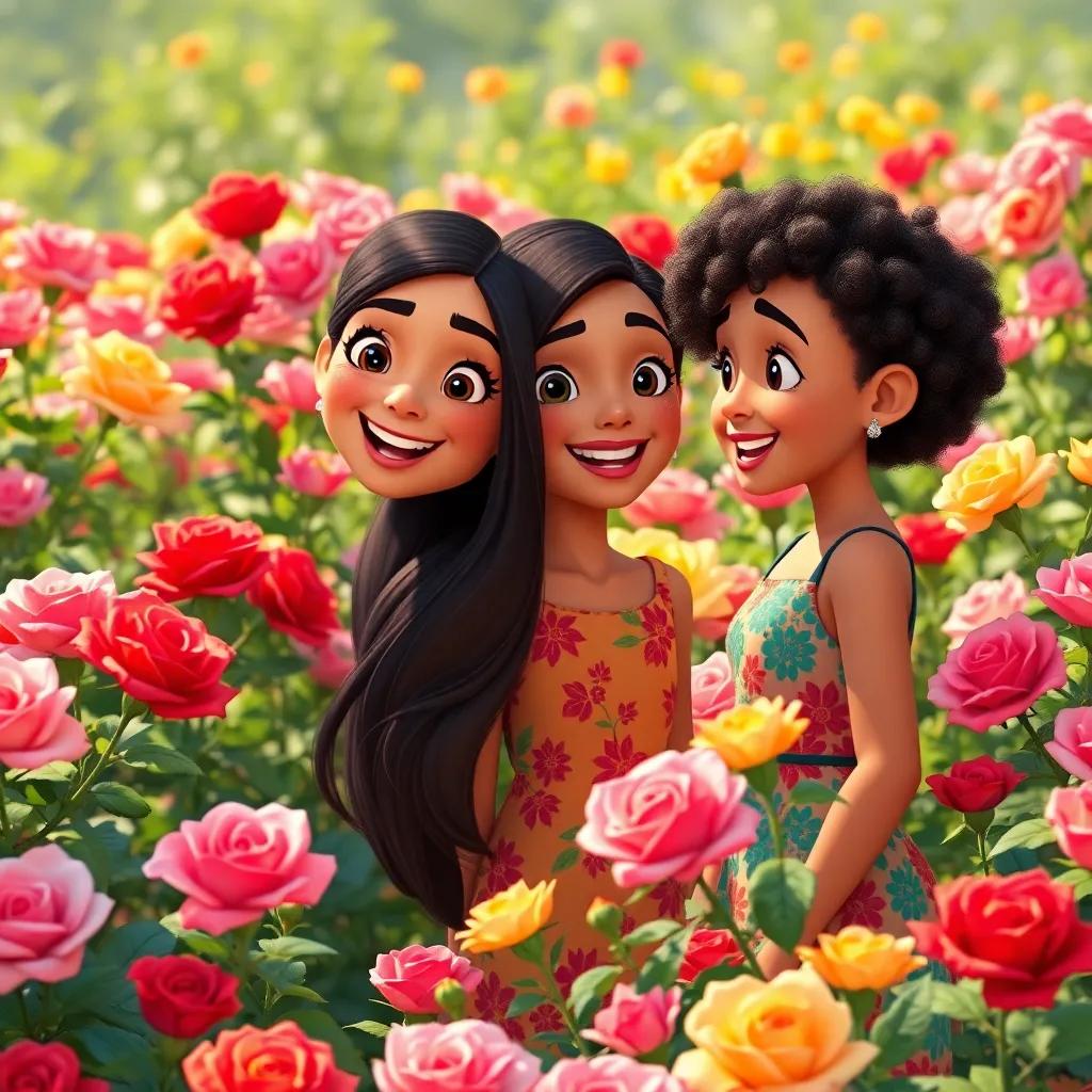 A vibrant flower garden full of various roses, a young Arabic girl, Azhar Rose, with long dark hair, wearing a colorful dress, talking animatedly with her friend Lily who has short curly hair. It's sunny and bright with flowers in shades of red, pink, and yellow, digital art, cheerful, warm light, colorful scene, inviting atmosphere, high quality