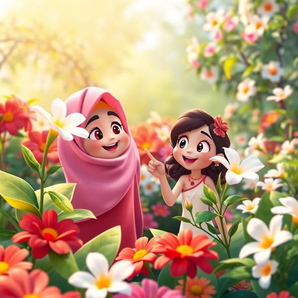 A beautiful garden scene with Azhar Rose and Lily exploring, pointing at a jasmine flower with delicate white petals and green leaves. They are surrounded by cheerful colorful flowers, bright daylight, illustration, fun, adventurous mood, child-friendly, high quality