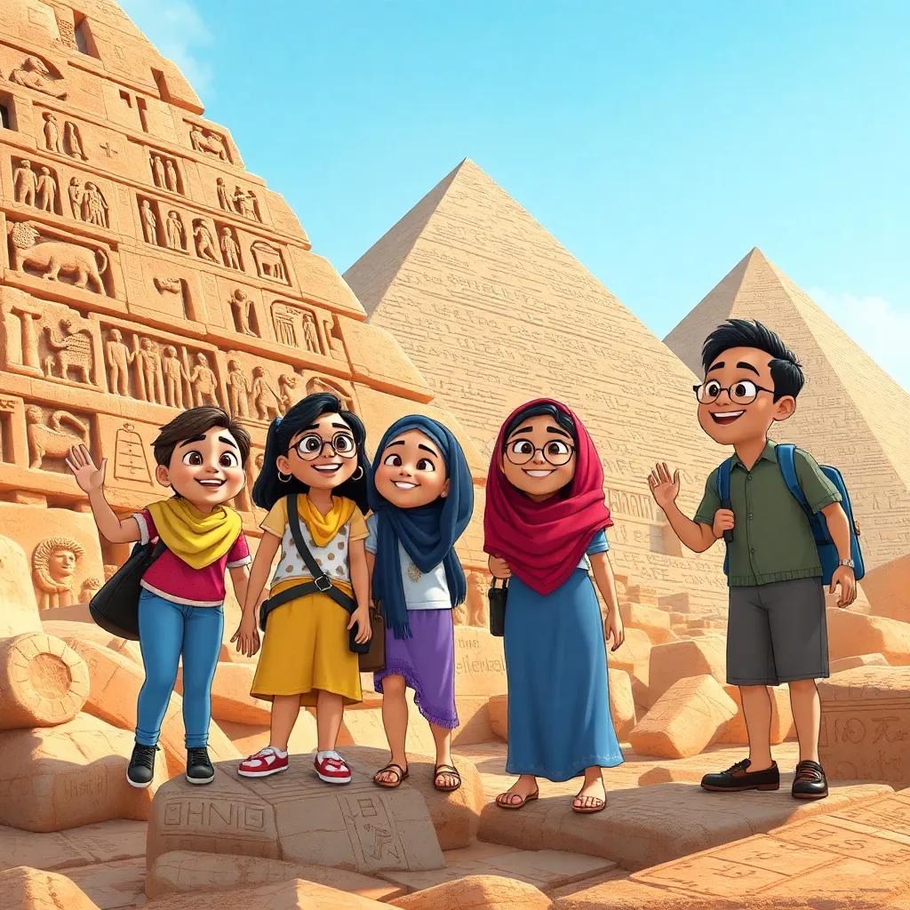 The four friends exploring the base of the great pyramids, Sarah, Ali, Maryam, and Fahd, all smiling and laughing, with ancient carvings and hieroglyphs on the stones, filled with awe and excitement, colorful details, adventurous spirit, high quality
