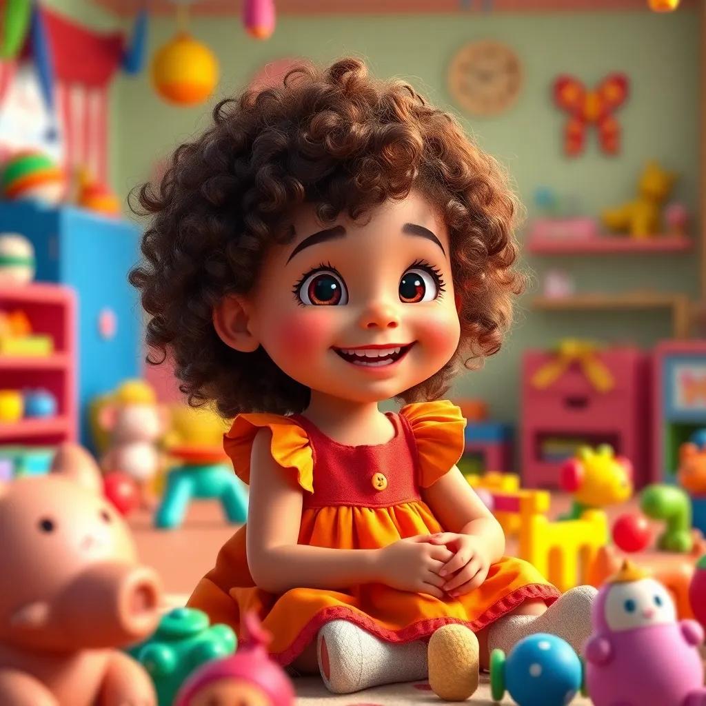 A beautiful little girl, Israa, with curly hair, wearing a bright dress, sitting in a colorful playroom filled with toys, smiling and talking passionately, cheerful atmosphere, warm colors, high detail, digital art