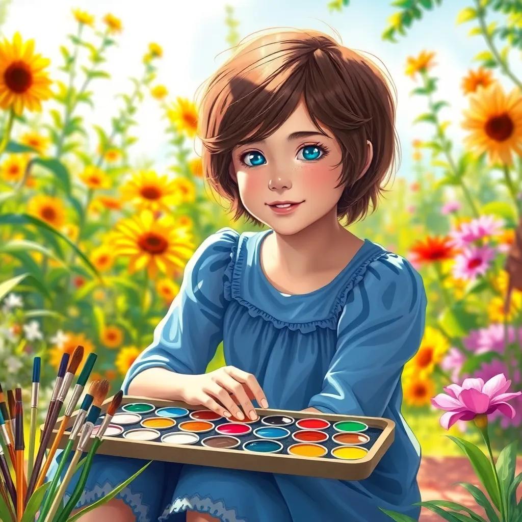A young girl, Asil, with short brown hair and bright blue eyes, sitting in a sunny garden with a collection of colorful paints, digital art, cheerful atmosphere, vibrant colors, high quality