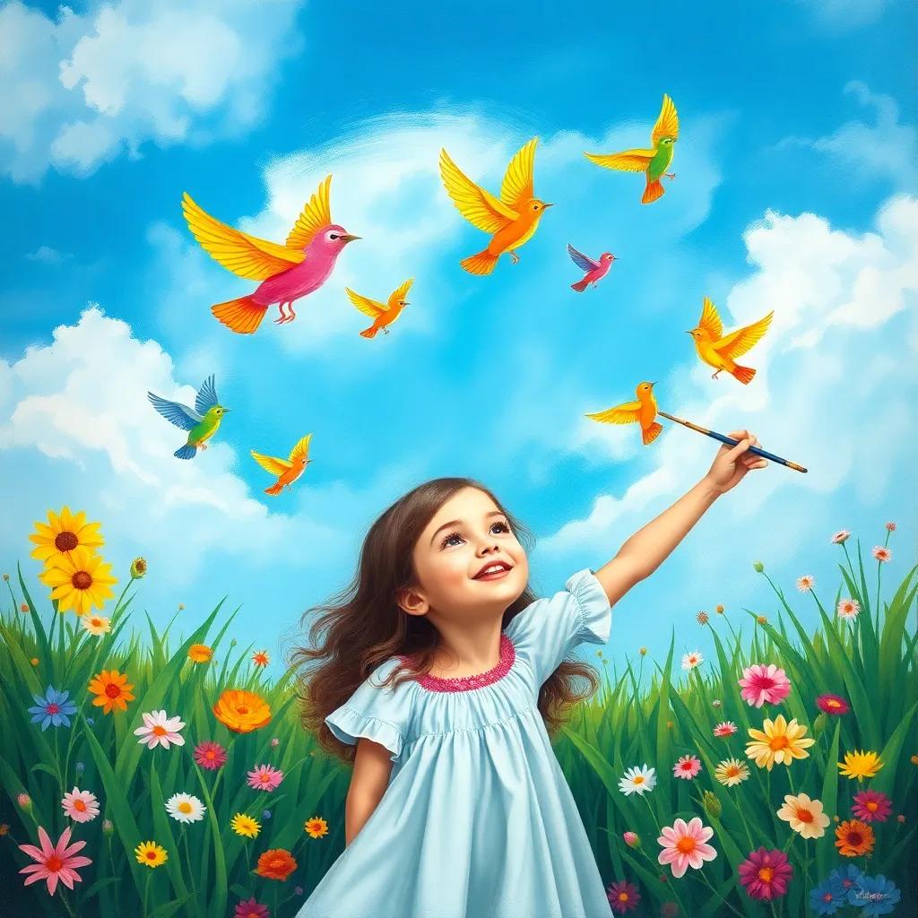 Asil, a young girl, painting a bright blue sky with colorful birds flying, surrounded by lush green grass and colorful flowers, illustration, child-friendly, joyful ambiance