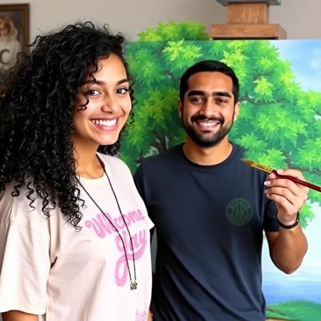 Asil's friend, Sami, with dark curly hair, wearing a t-shirt, joins her with a smile, holding a paintbrush and painting a large green tree, cheerful, bright colors, welcoming scene