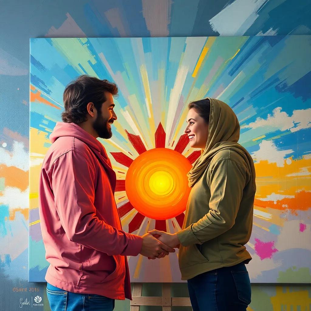 Asil and Sami working together, creating a colorful painting with a shining orange sun, friendly atmosphere, bright and uplifting, digital painting
