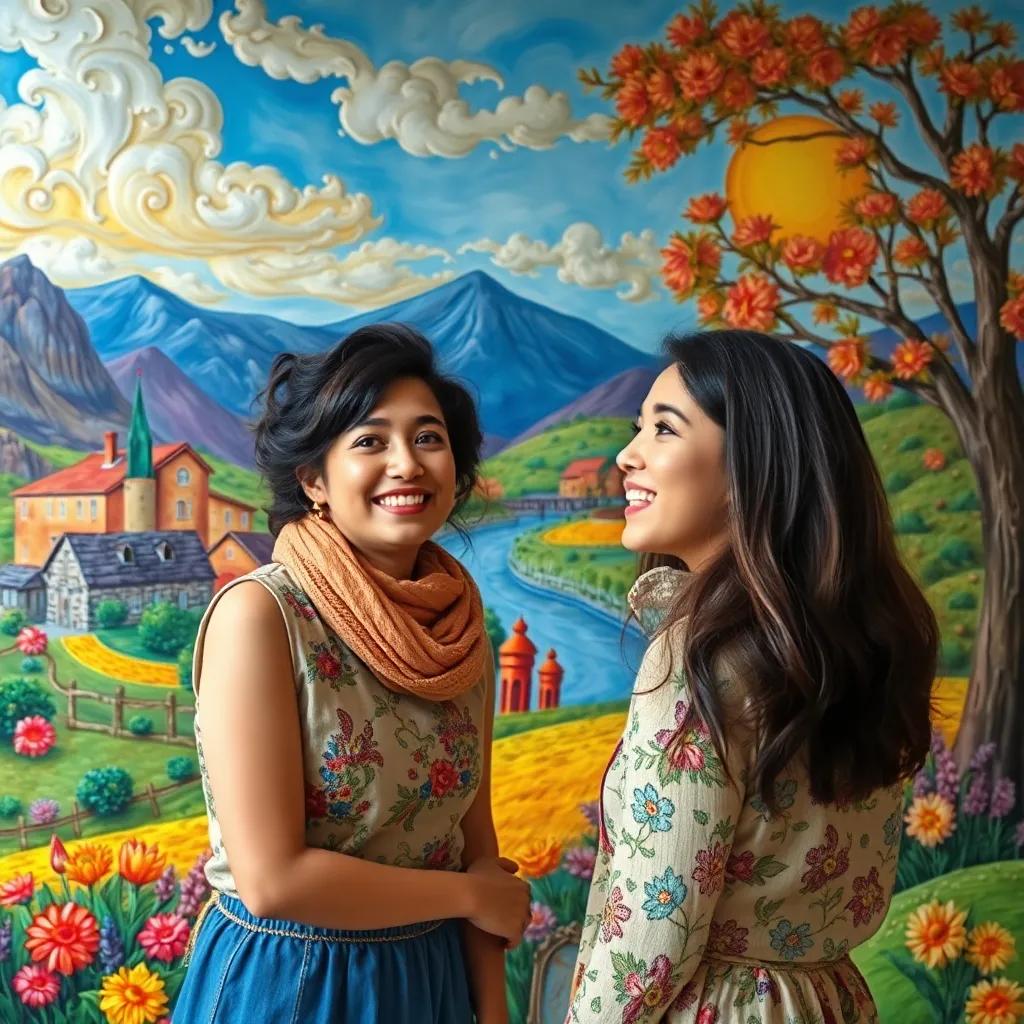 Asil and Sami admiring their colorful artwork, full of joy and excitement, with their vibrant and lively landscape around them, heartwarming scene, high quality