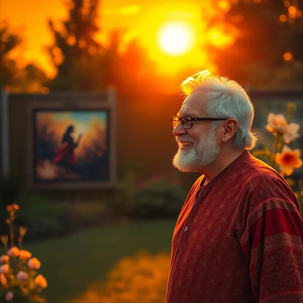 Asil's dad, smiling and showing approval at their beautiful artwork, standing in the garden with the glowing sun behind him, warm colors, happy vibe