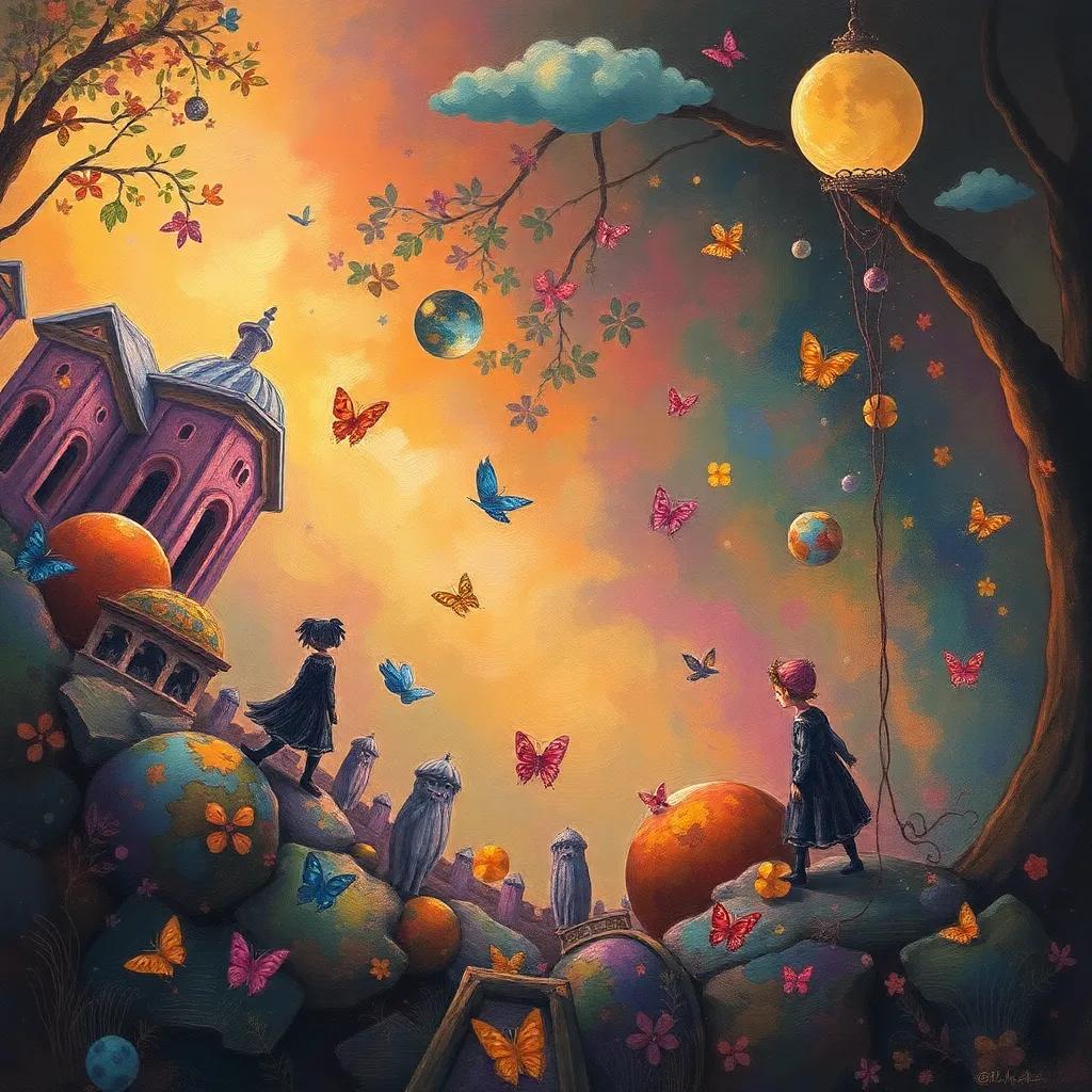 Asil and Sami dreaming about more painting adventures, their imaginations full of colors and shapes in the evening light, magical feeling, whimsical