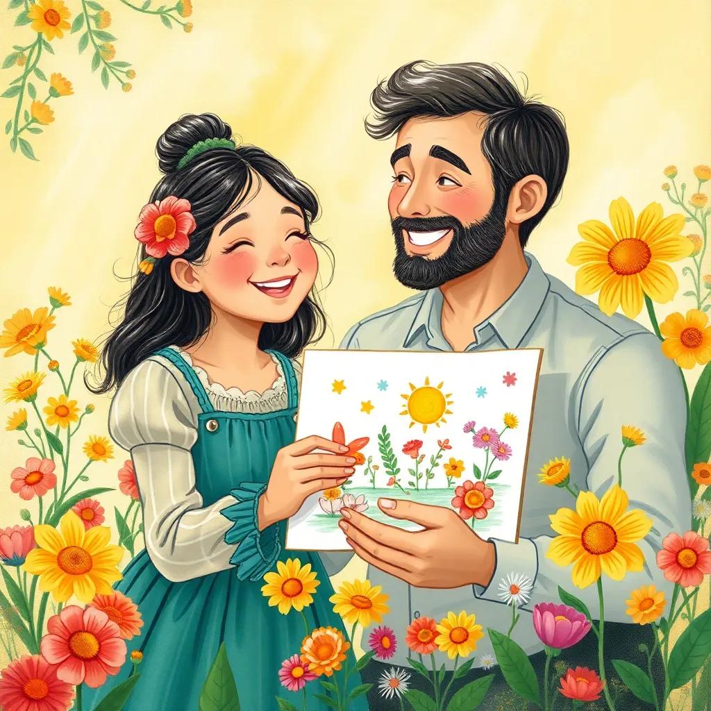 Asil happily sharing her art with her dad, who is praising their work, surrounded by sunshine and cheerful flowers, joyful expression, child-friendly illustration