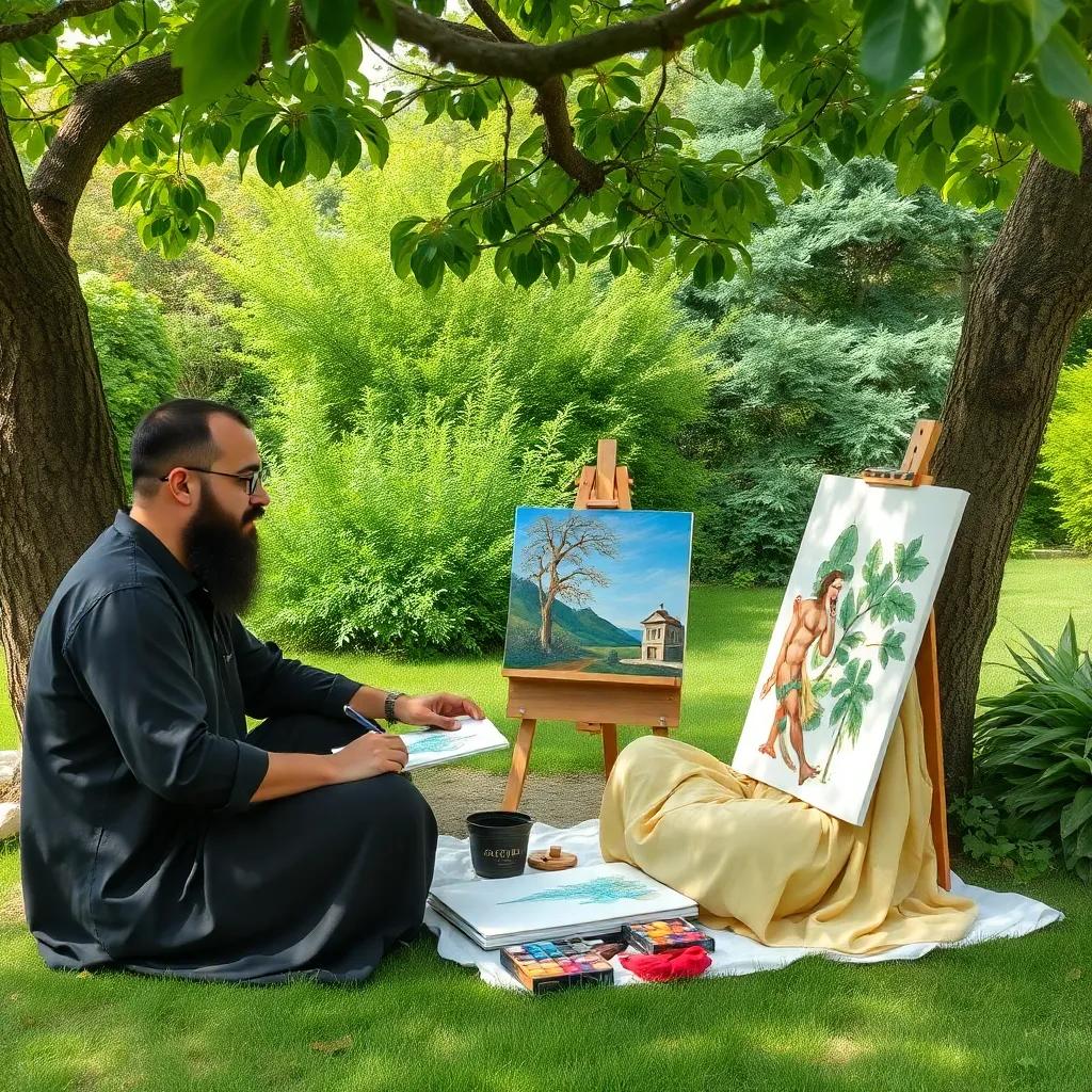 Sami and Asil planning their next painting session, sitting under a tree in the garden with drawing pads and more colors, collaboration vibe, inviting atmosphere