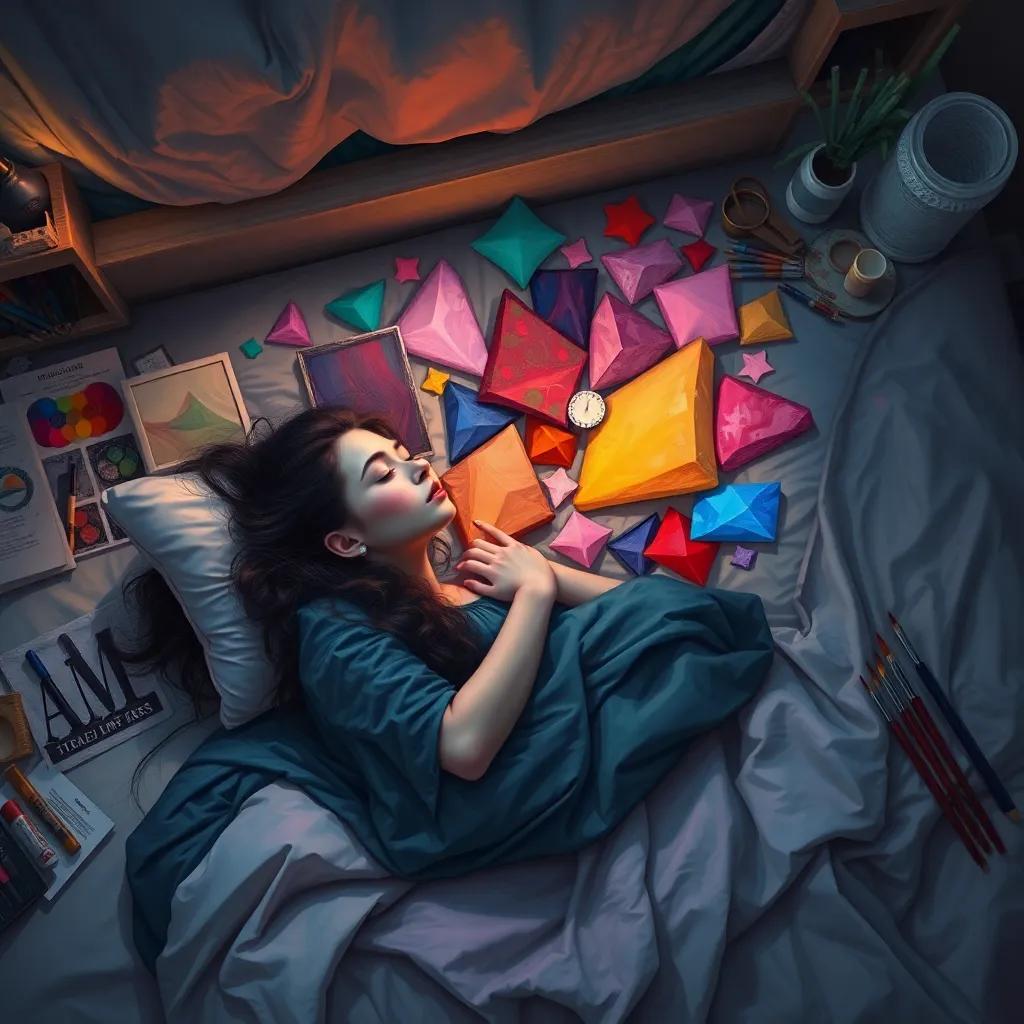Asil dreaming of colors and new shapes to paint, lying in her bed surrounded by art supplies, soft light, imaginative feel