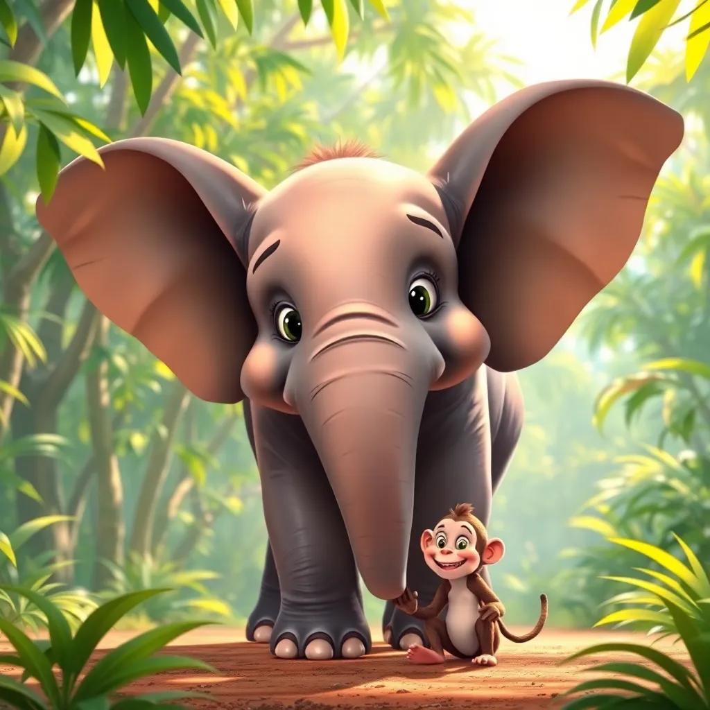 A large Asian elephant, Sandy, with big ears and a gentle smile, playing with a small monkey named Timor, surrounded by lush green jungle, bright sunlight filtering through the trees, cheerful atmosphere, digital art, high quality, vibrant colors, friendly interaction