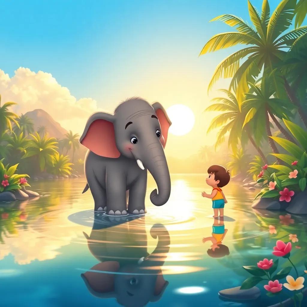 A majestic river glistening under the sun, with Sandy the elephant drinking water from Timor's hands, surrounded by tropical plants and flowers, warm light, inviting scenery, illustration, soft colors, playful mood, heartwarming moment