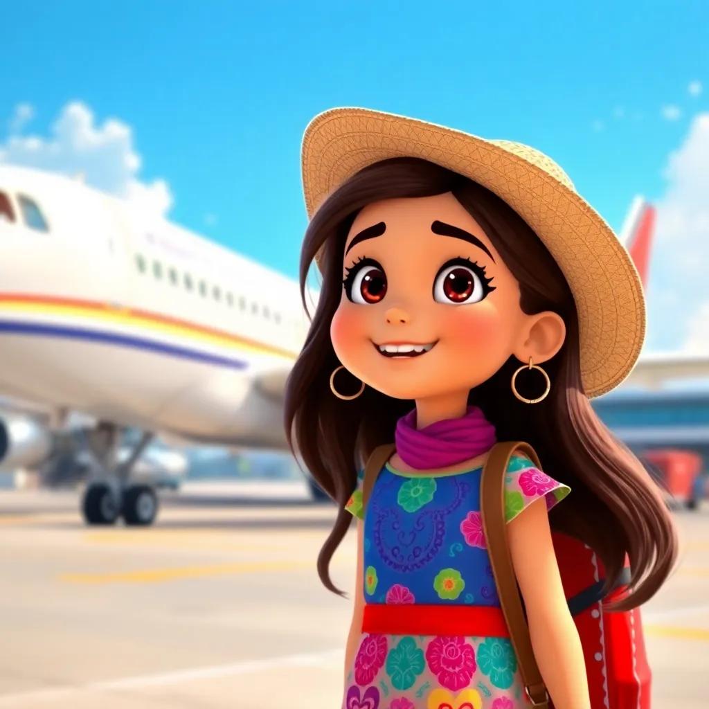 A young Arab girl, Leila, with long, dark hair, wearing a colorful dress and a big hat, looking excited on a sunny day, standing in front of an airplane at the airport, digital art, bright colors, cheerful atmosphere, high quality