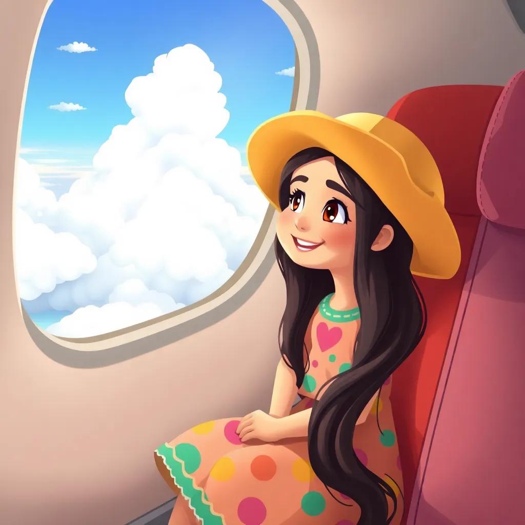 Leila, a young Arab girl, with long, dark hair, wearing a colorful dress and a big hat, sitting by the window of the airplane, with a big smile as she looks out at the white clouds and blue sky, illustration, joyful, whimsical, child-friendly