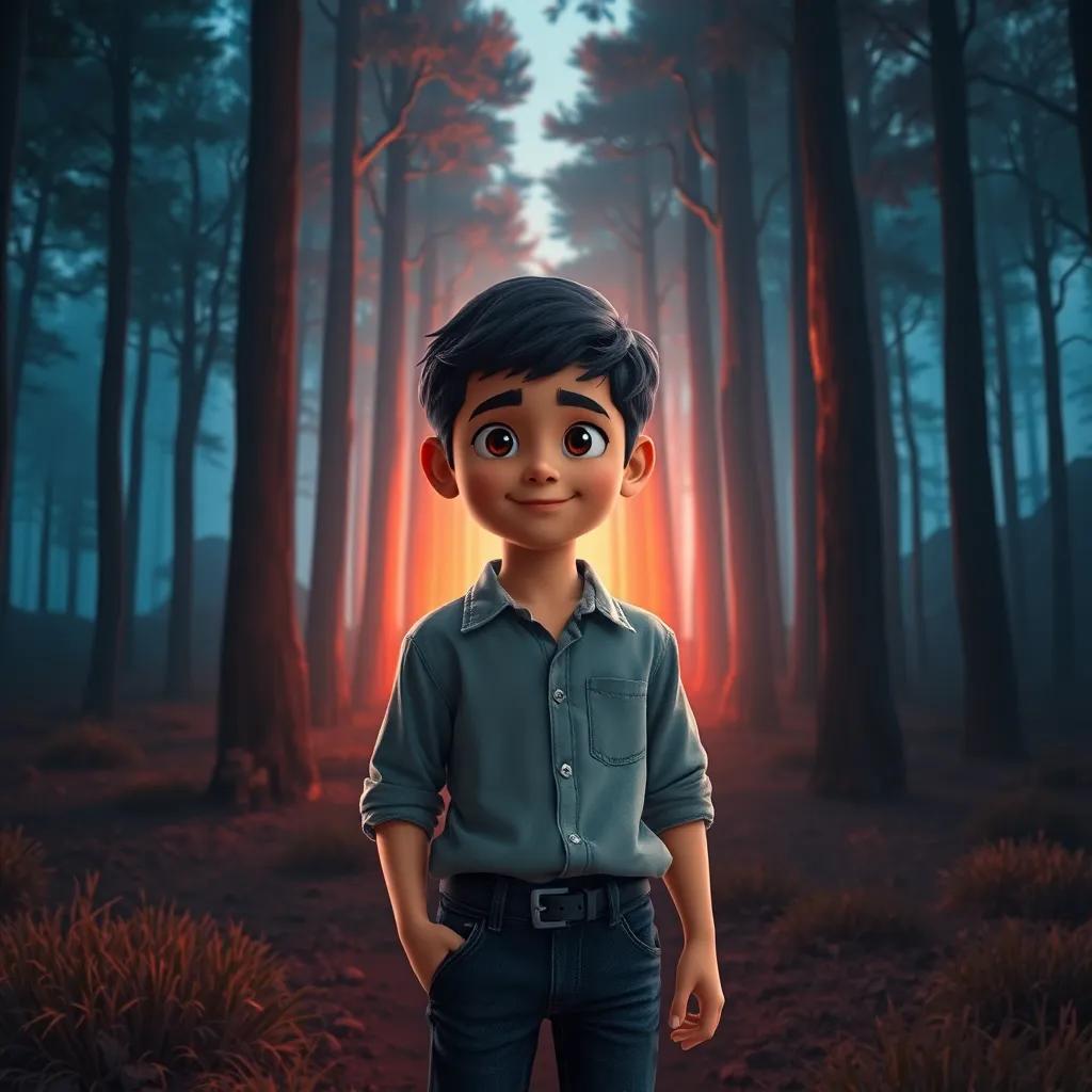 A young Arab boy, Sami, with short dark hair, wearing a simple shirt and jeans, standing at the edge of a mysterious forest with tall trees and a glowing light in the distance, digital art, vibrant colors, enchanting atmosphere, curious stance, high quality