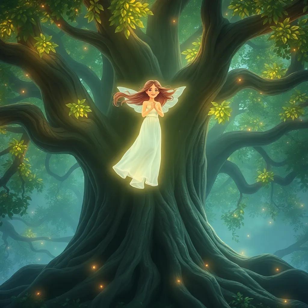 A gentle spirit in a flowing gown, glowing softly, with flowing hair and a warm smile, floating above the roots of a large ancient tree, surrounded by shimmering leaves and magical lights, digital painting, ethereal and bright, mystical setting, storytelling view