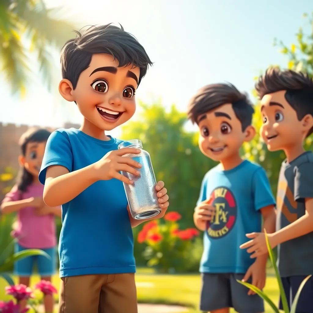 A young Arab boy, Yasin, with short black hair, wearing a blue t-shirt and shorts, excitedly showing his friends a shiny silver liquid in a sunny garden, vibrant colors, cheerful atmosphere, digital art, detailed, close-up view