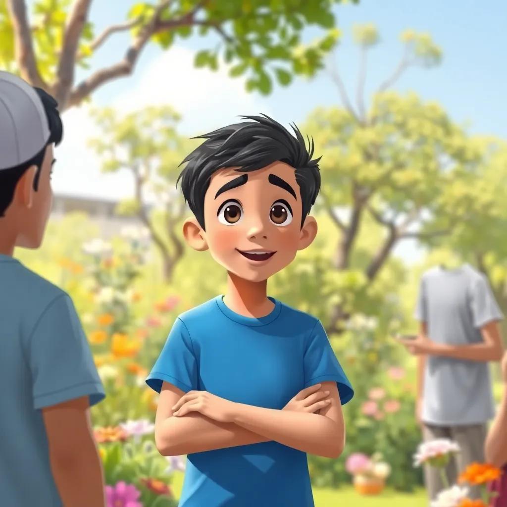 Yasin, a young Arab boy with short black hair in a blue t-shirt, discussing with friends about mercury discovery in a bright garden, trees and flowers around, lively and engaging scene, illustration, bright colors, informative