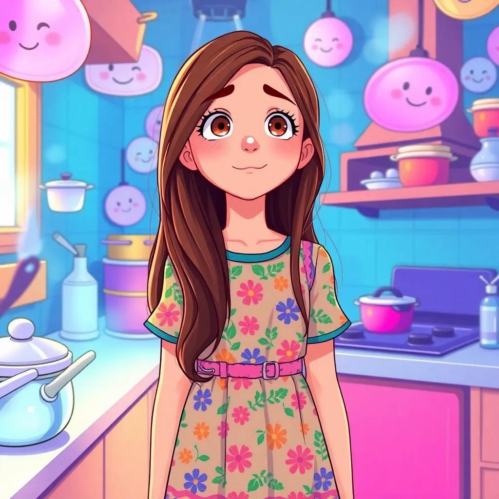 A 14-year-old girl, Marwa, with long brown hair and wearing a colorful dress, standing in a magical kitchen filled with floating pots and smiling plates, wonder in her eyes, illustration, vibrant colors, cheerful atmosphere, high quality