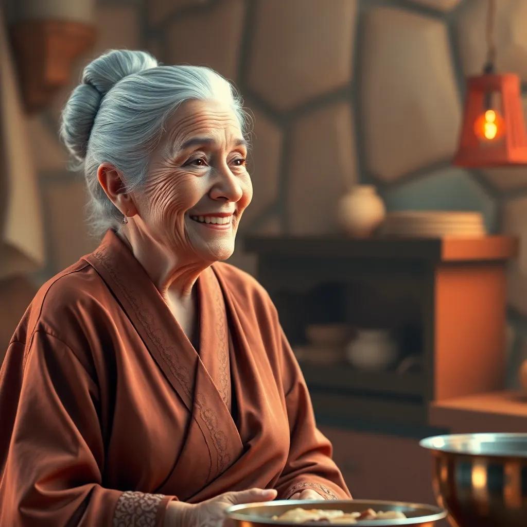 An elderly woman, Marwa's grandmother, with silver hair tied in a bun, wearing a traditional robe, smiling warmly as she explains the magical kitchen to Marwa, cozy setting, warm light, emotional connection, high quality