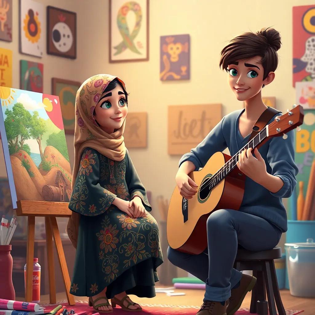 Noura, a young Arab girl, with a colorful dress, painting a beautiful painting of friendship, Liyth, wearing casual clothes, playing the guitar beside her, colorful art materials around, warm light, inspiring mood, high quality