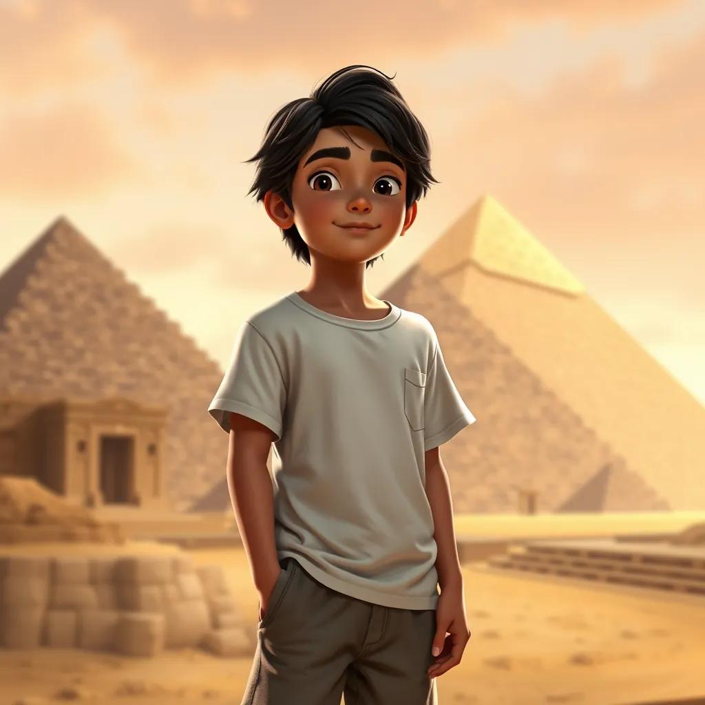 A young Arab boy, Ali, with black hair and wearing a casual t-shirt and shorts, standing in front of the Pyramids of Giza, detailed digital art, warm colors, magical atmosphere, high quality