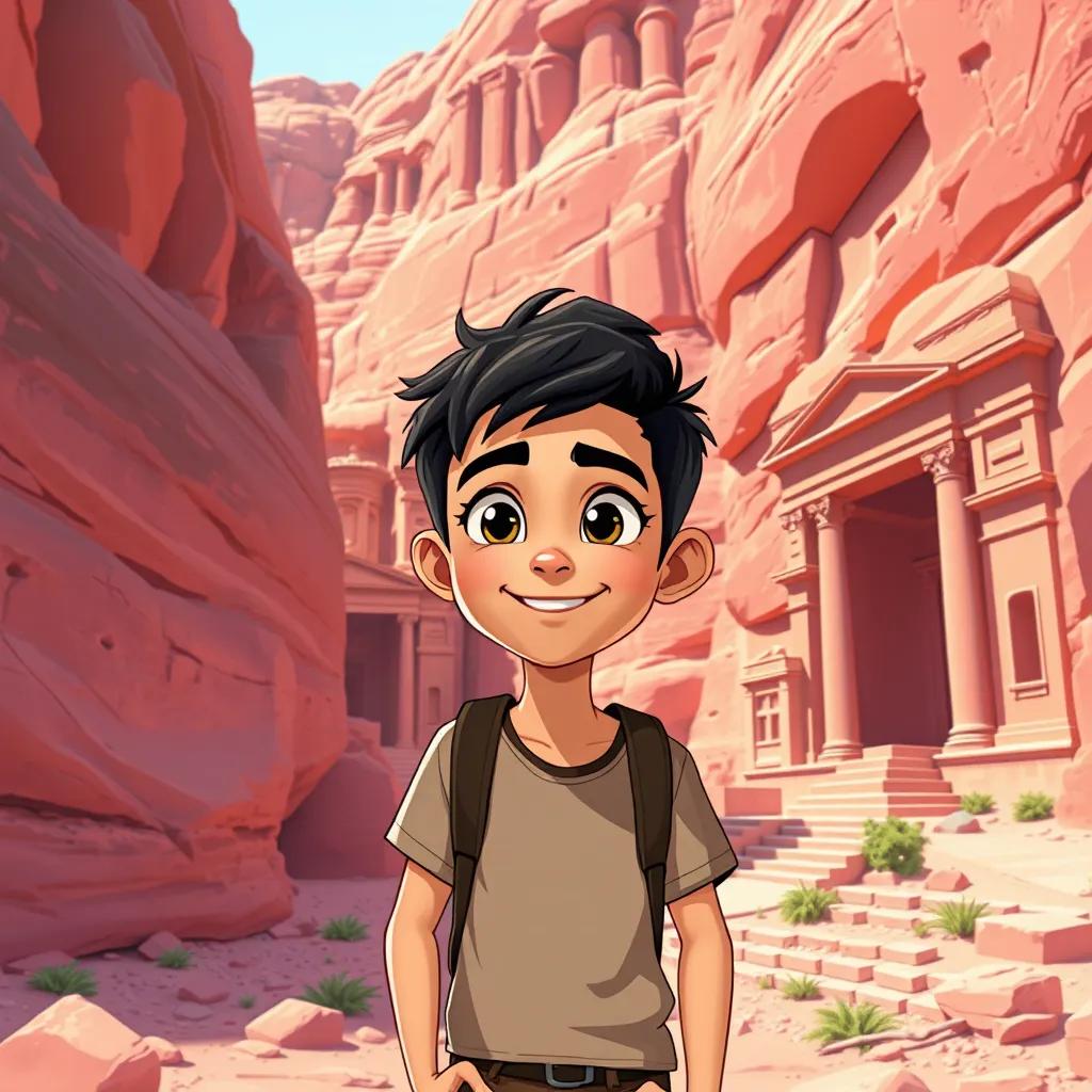 A young Arab boy, Ali, with black hair and wearing a casual t-shirt, exploring the ancient city of Petra, vibrant pink rocks and historical buildings around, illustration, cheerful, adventurous setting, high quality