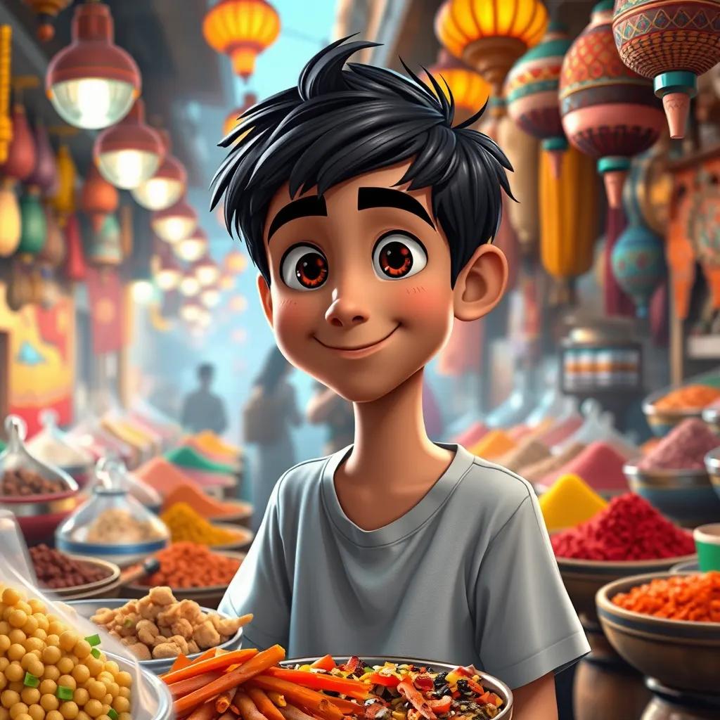 A young Arab boy, Ali, with black hair and wearing a casual t-shirt, enjoying Moroccan food in a busy market filled with colorful spices, lively atmosphere, detailed digital art, bright colors, inviting scene, high quality