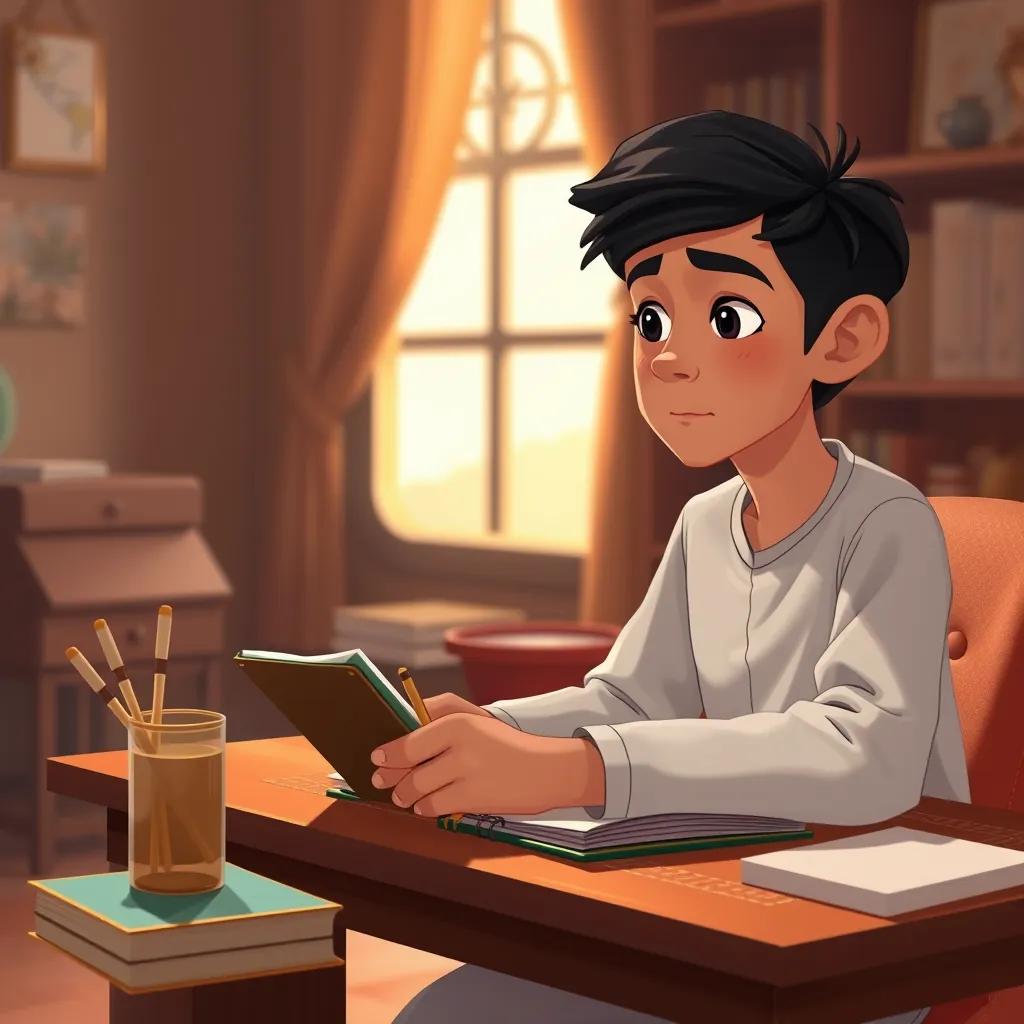 A young Arab boy, Ali, with black hair, sitting at a desk with a notebook, writing about his travels in different Arab countries, warm lighting, cozy room, thoughtful vibe, illustration, high quality