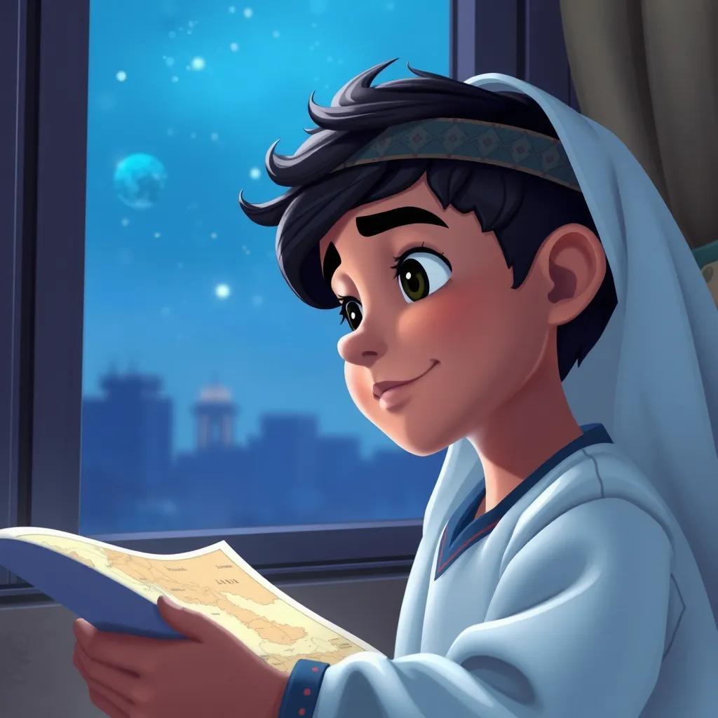 A young Arab boy, Ali, with black hair, dreaming about traveling to more Arab countries while looking at a map, stars shining outside the window, imaginative atmosphere, digital art, soft colors, high quality
