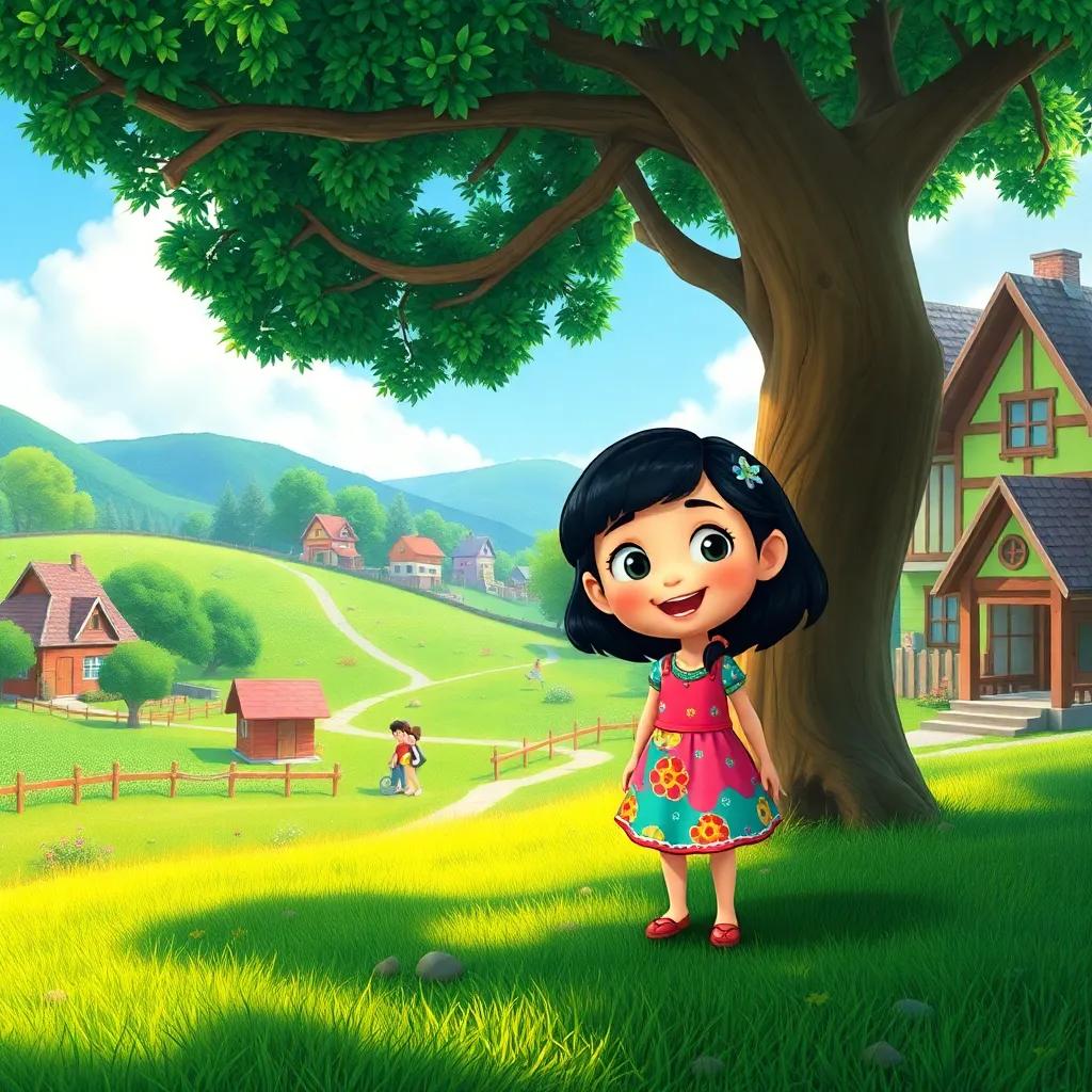 A small village with green fields and a playground, featuring a cheerful young girl named Layla, with black hair and a colorful dress, playing with her friends under a big tree, bright sunlight, cheerful atmosphere, digital art, vibrant colors, child-friendly, lovely scenery