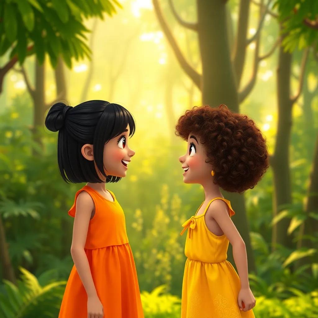 A lush green forest with sunlight filtering through the trees, two young girls, Layla and Fatima, face each other excitedly. Layla has straight black hair in a bun, wearing a bright orange dress, while Fatima has curly brown hair and a yellow sundress, digital illustration, adventurous, warm lighting, friendly