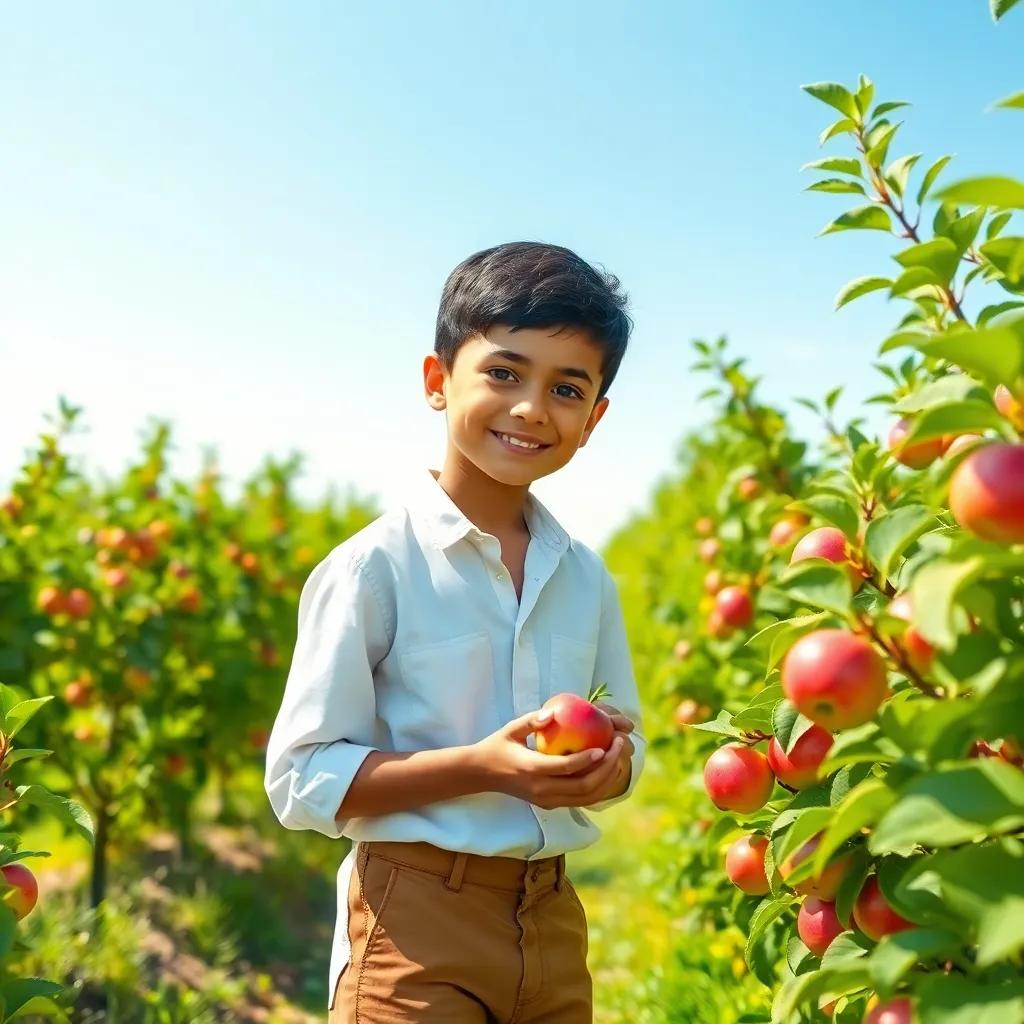A young Arab boy, Ali, with short black hair, wearing a white shirt and brown pants, picking apples in a bright green apple orchard under the sun, smiling, digital art, vibrant colors, cheerful atmosphere, high quality