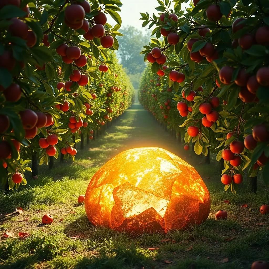 A glowing stone in the apple orchard, surrounded by lush apple trees with bright red apples, sunlight hitting the stone, magical and enchanting atmosphere, high quality