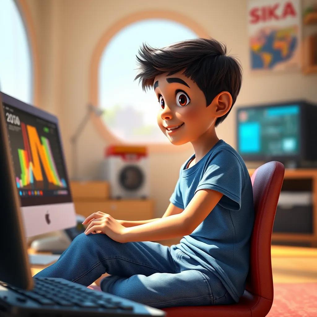 A young Arab boy, Sami, with short black hair, wearing a blue t-shirt and jeans, sitting in front of an open computer, full of curiosity, bright sunlight, digital art, colorful, inviting atmosphere, high quality