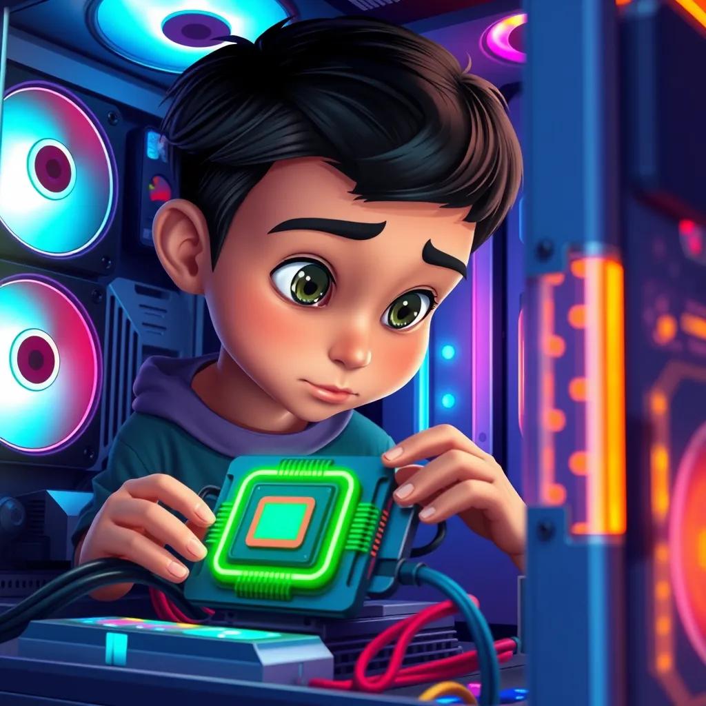 Sami, a young Arab boy with short black hair, examining a shiny CPU inside the computer, surrounded by vibrant computer parts, focused expression, illustration, vibrant colors, educational theme, child-friendly