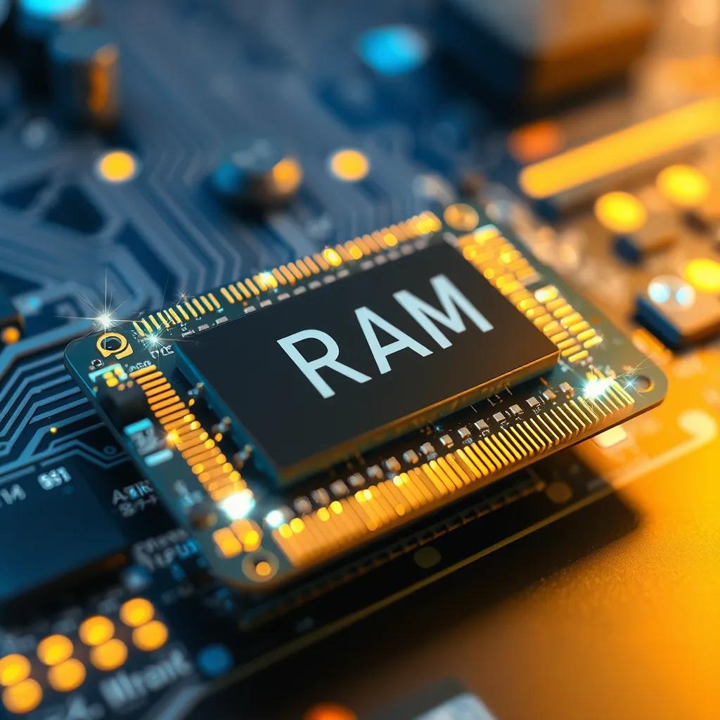 A close-up of a RAM chip with sparkling effects, showcasing its importance in the computer, with glowing lights around it, digital painting, bright and clear colors, emphasizing technology, high quality