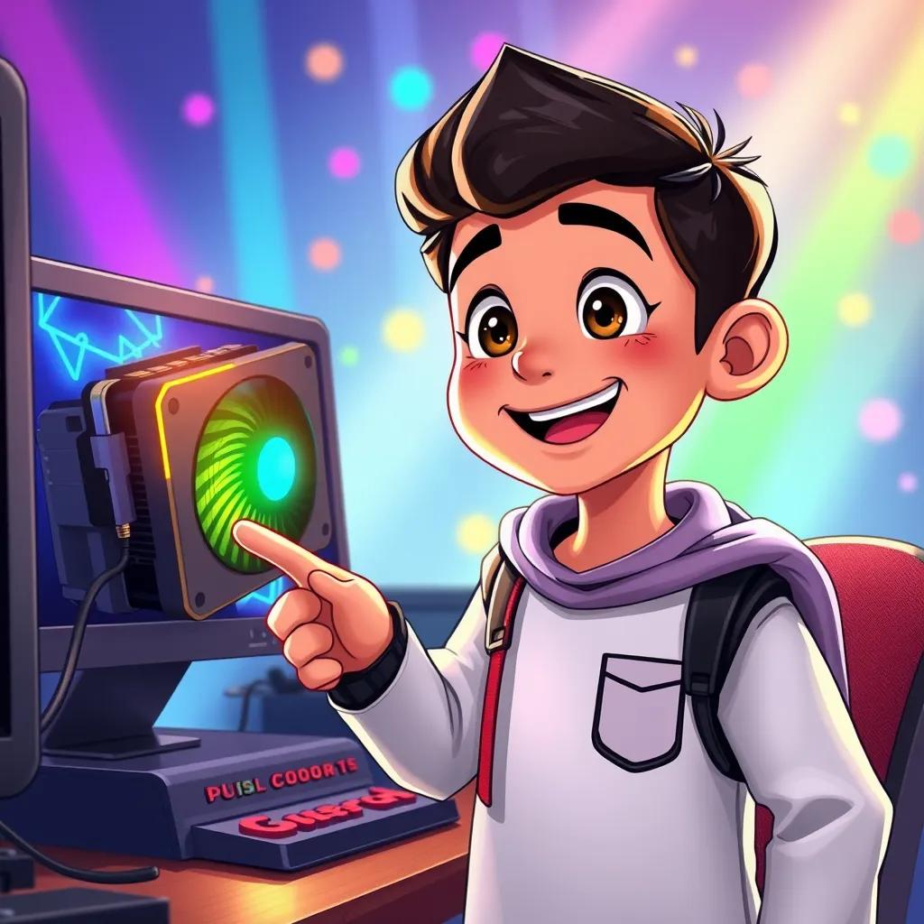 Sami, a young Arab boy with short black hair, excitedly pointing at a beautiful graphics card connected to the computer, surrounded by colorful lights, illustration, cheerful mood, adventure theme, child-friendly