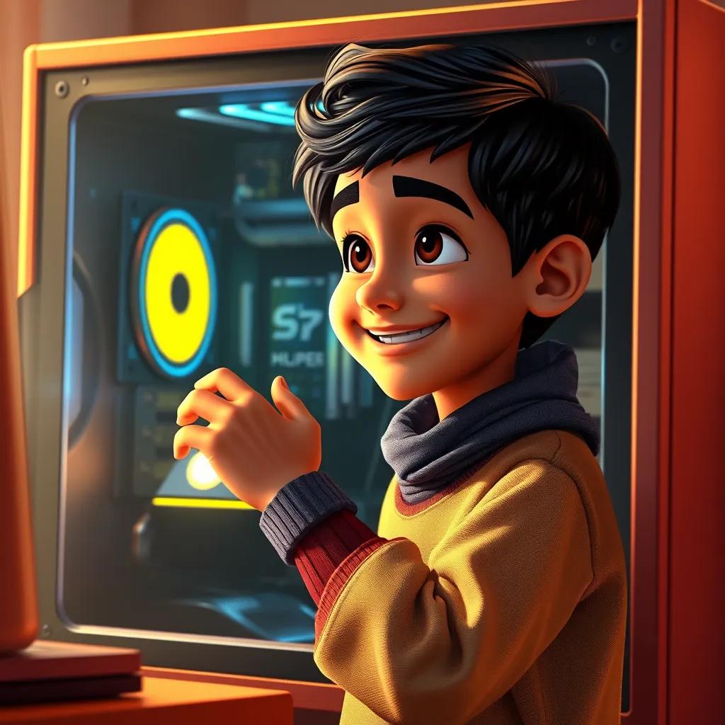 Sami, a young Arab boy with short black hair, smiling as he closes the computer case, proud of his discoveries, warm colors, inspiring atmosphere, uplifting imagery