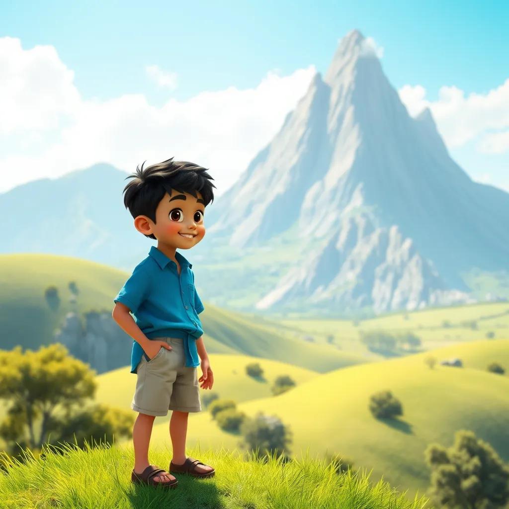 A young Arab boy, Ali, with short black hair, wearing a blue shirt and beige shorts, standing on a green hill looking at a big mountain, bright sunlight, vibrant colors, cheerful atmosphere, digital art, high quality